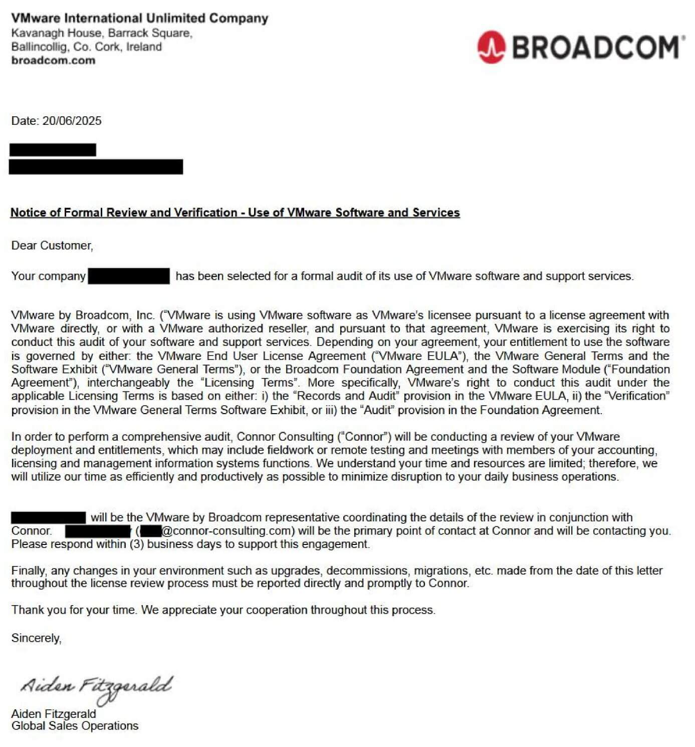 a notice that has the following subject: notice of formal review and veritication - use of vmware software and services