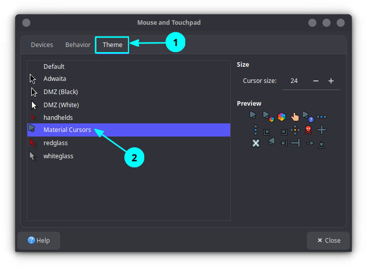 Change Mouse cursor theme from the Mouse and Touchpad theme settings