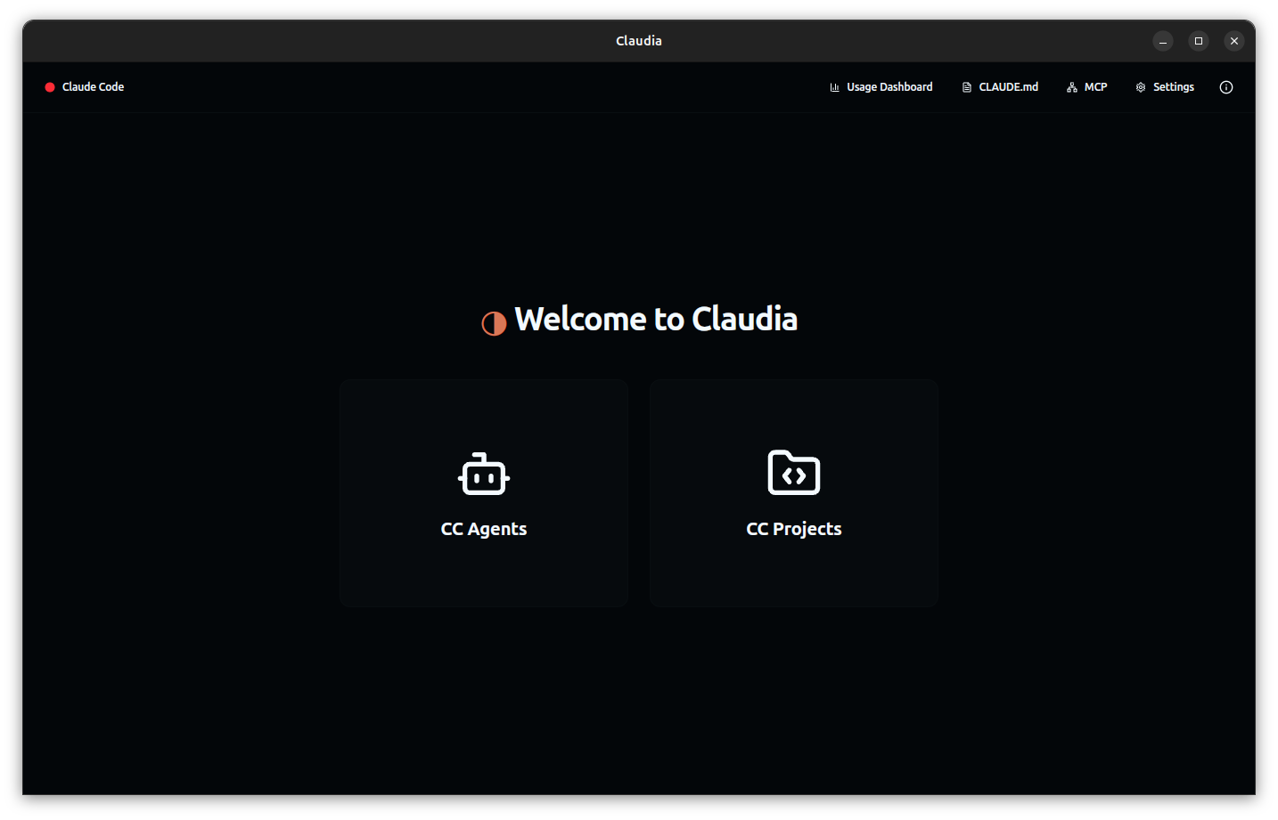 claudia running on ubuntu 25.04, with the welcome to claudia page open, it shows many options to interact with the interface