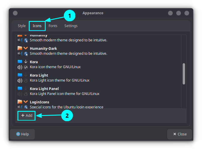 Click on the Add button in the Icons tab