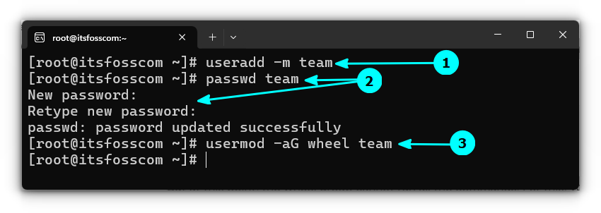 Create a new user using the useradd command. Set a password to the user using passwd command. Now, add the newly created user to wheel group.