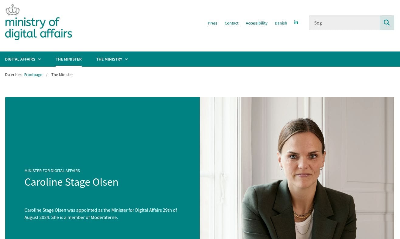 a snippet of the minister page from denmark's ministry of digital affairs website, caroline stage olsen, the minister for digital affairs is shown here on the right