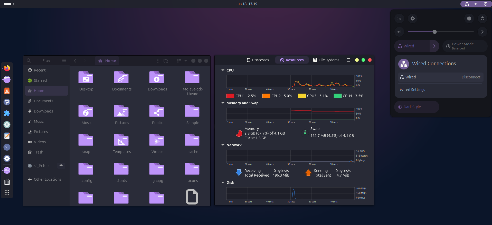 Dracula slim theme applied to Ubuntu Linux GNOME desktop environment