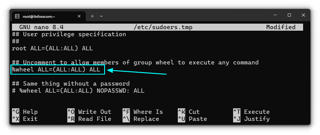 Edit sudoers file in Arch Linux WSL to make wheel group run all commands