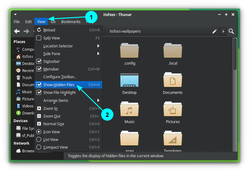 A screenshot showing how to enable hidden files in Thunar File manager using the main menu. Go to View and toggle on the "Show hidden files" checkbox.