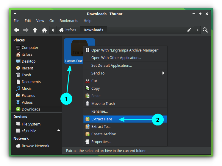 A screenshot showing how to extract a downloaded theme archive file, in this case a tar.xz file. Right-click on it and select "Extract Here" option.