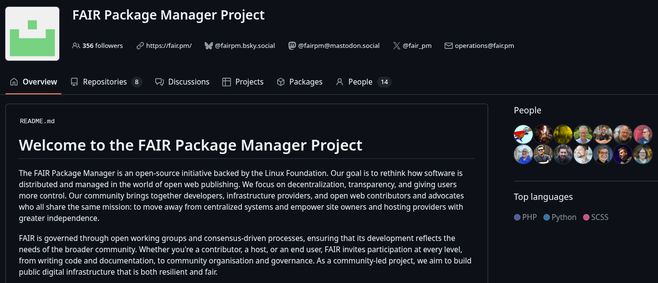 a snippet of the github page for the fair package manager project