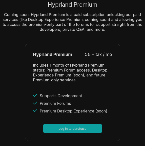 hyprland premium pricing table with the perks on offer being shown below