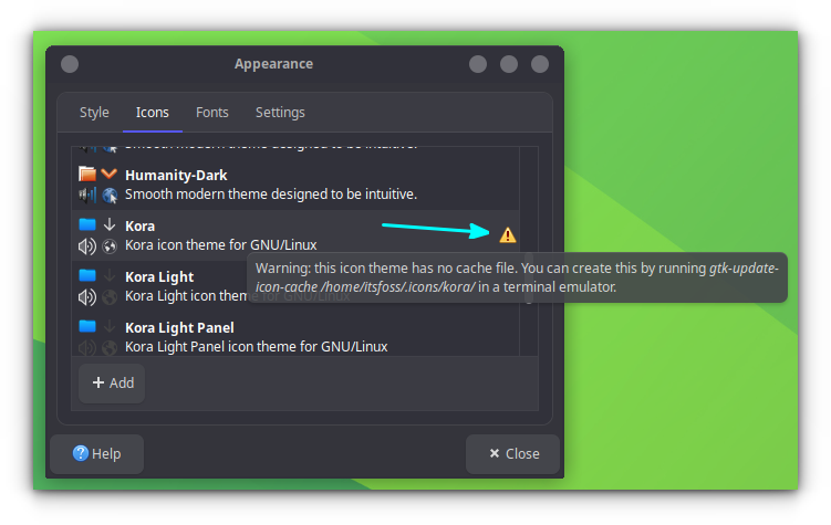 Icon cache error in Xfce appearance settings.