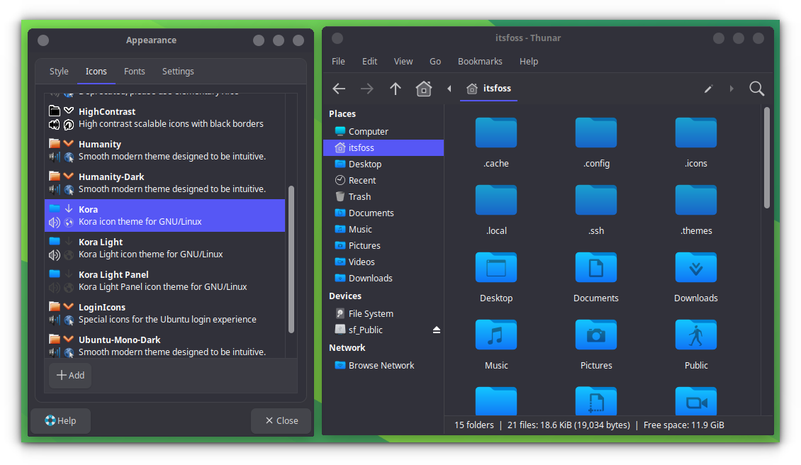 Icon themes applied in Xfce. You can see it side-by-side in the screenshot