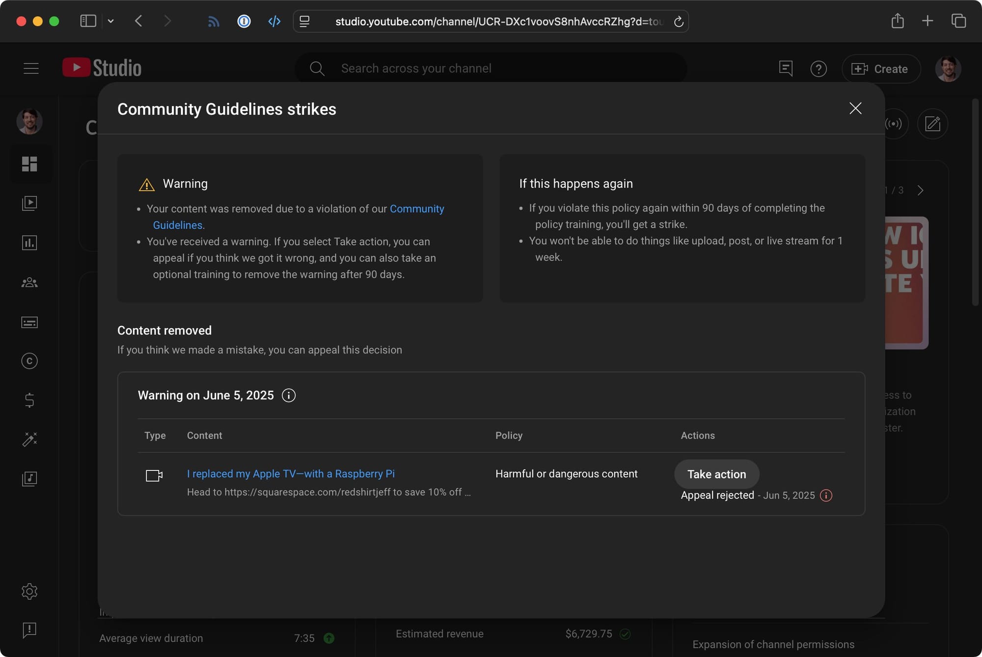 a youtube community guidlines strike on jeff geerling's self hosting video