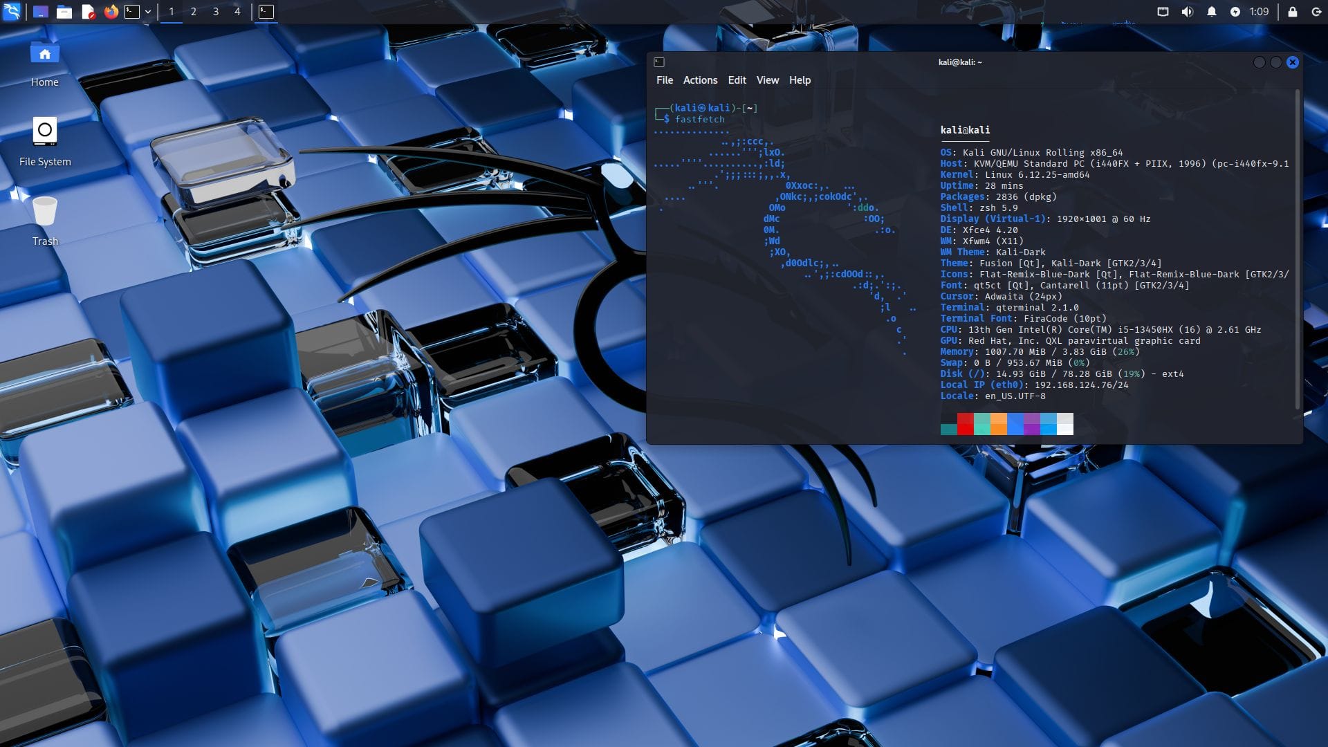 fastfetch output of kali linux 2025.2