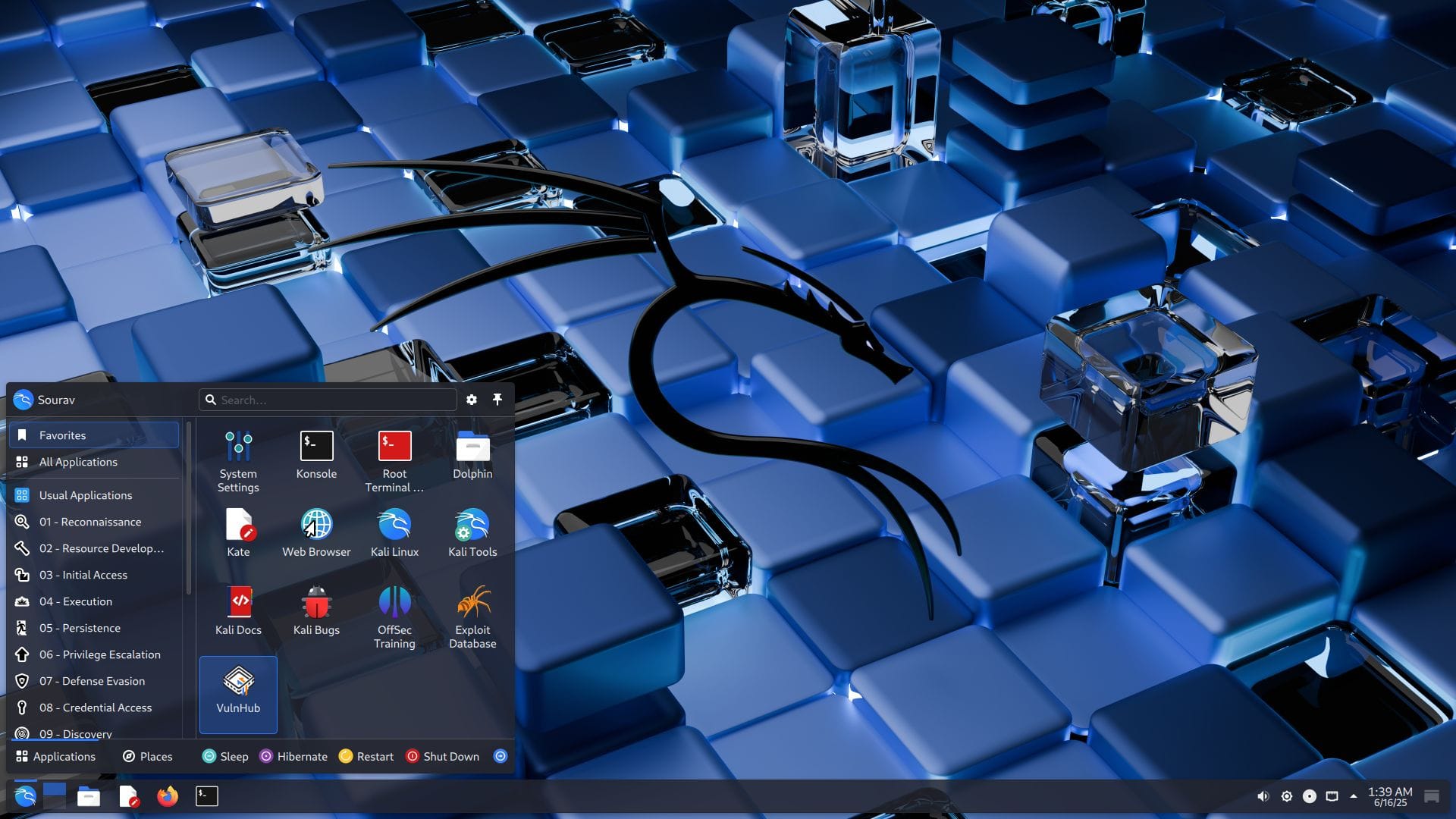 kali linux 2025,2's kde plasma 6.3 desktop view with the app launcher open