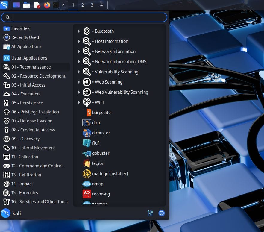 the reworked kali menu with mitre att&ck framework layout