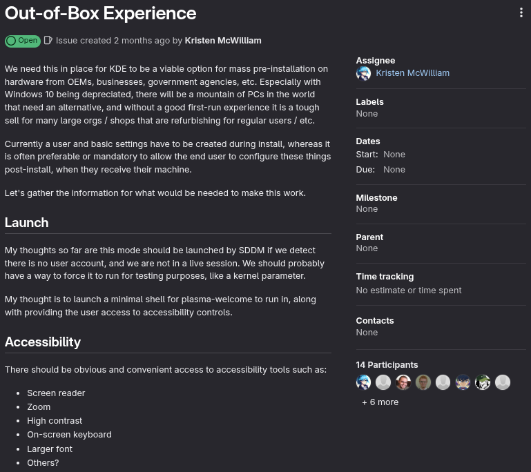 a snippet of a issue on kde's repo titled out-of-box experience posted by kristen mcwilliam