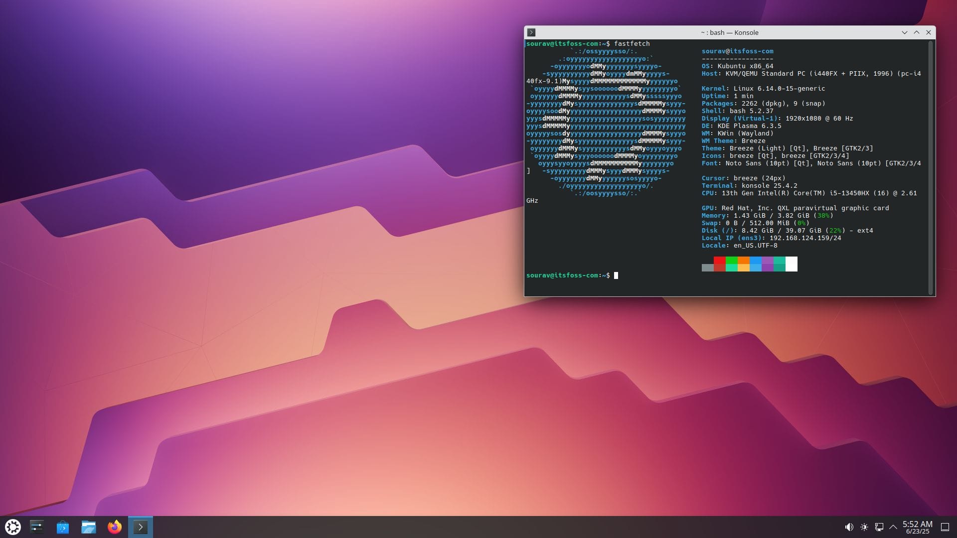 fastfetch output being shown in konsole on a kubuntu 25.10 daily build system
