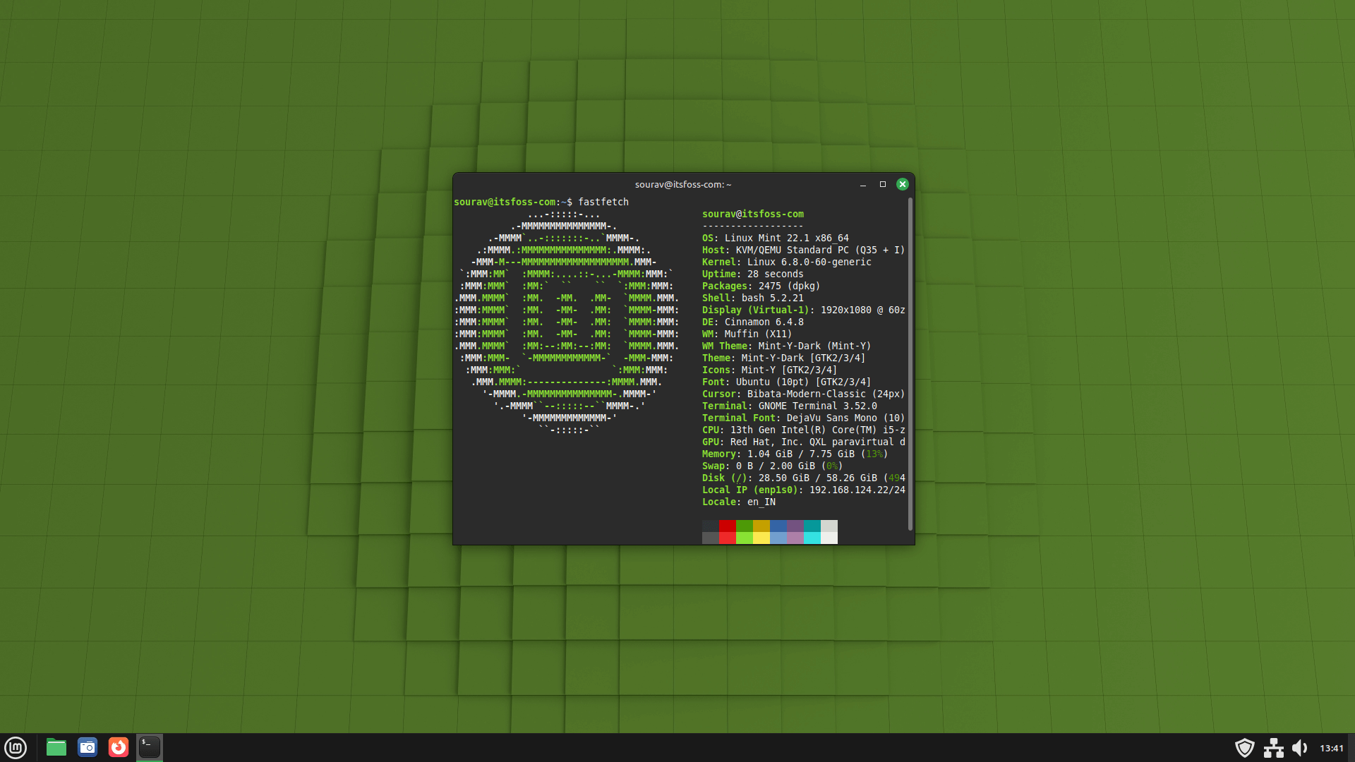 fasfetch output of linux mint 22.1 with a green boxy wallpaper in the back