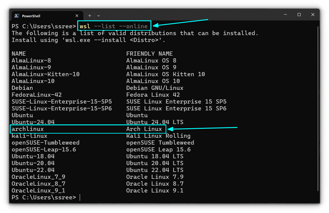 List all the WSL distributions available online that can be installed. Here, you can find Arch Linux is listed with the name archlinux.