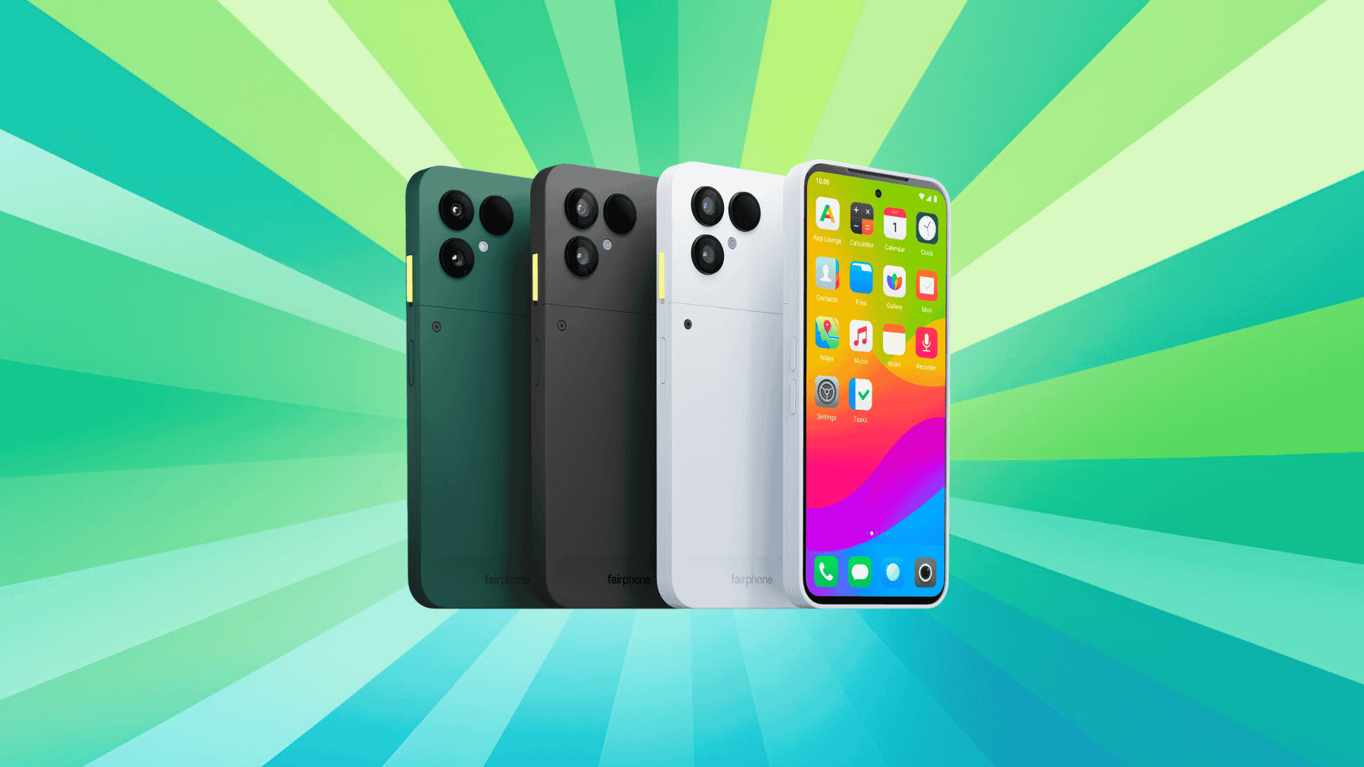 the three colors of the murena fairphone gen. 6 are shown in the middle, forest green, white, and black