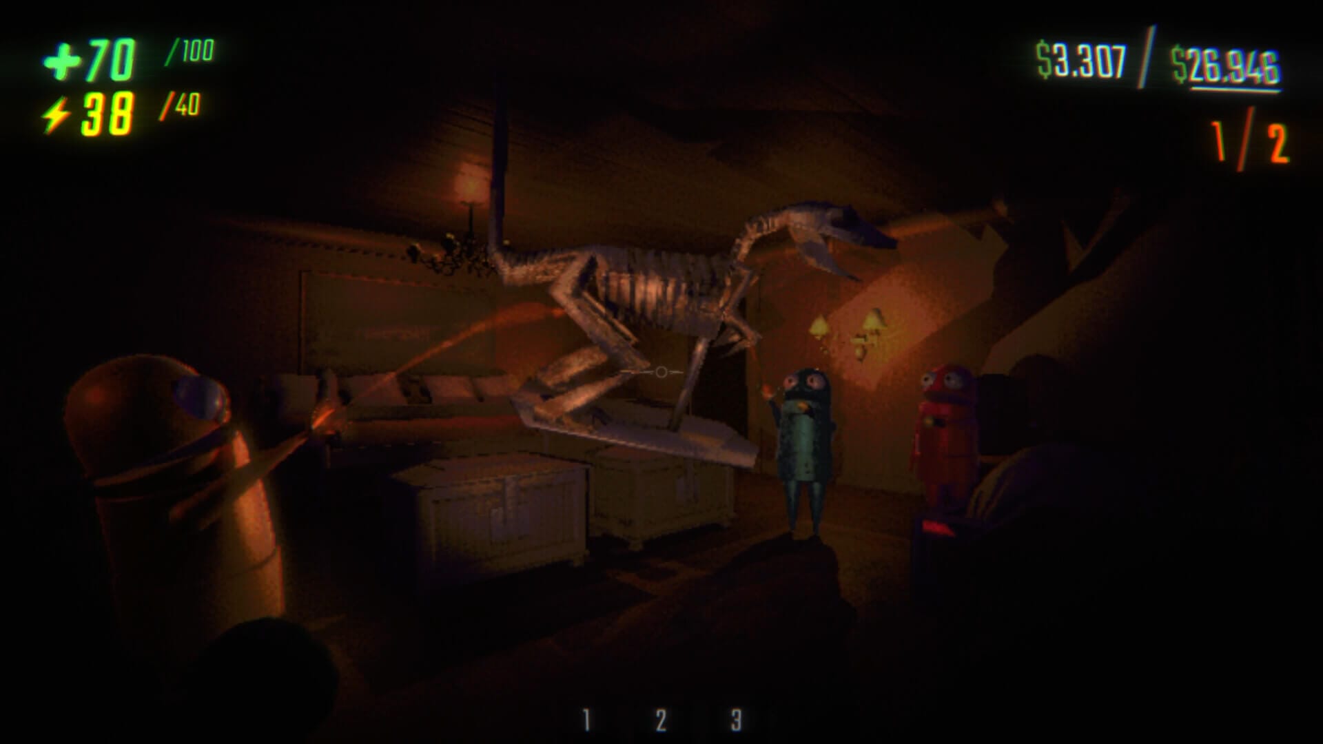 three players are shown, with one of them picking up a dinosaur skeleton, there are numbers on the screen showing stats