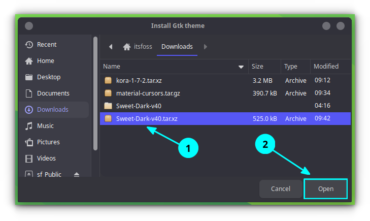 Select the theme archive file from the file chooser window.
