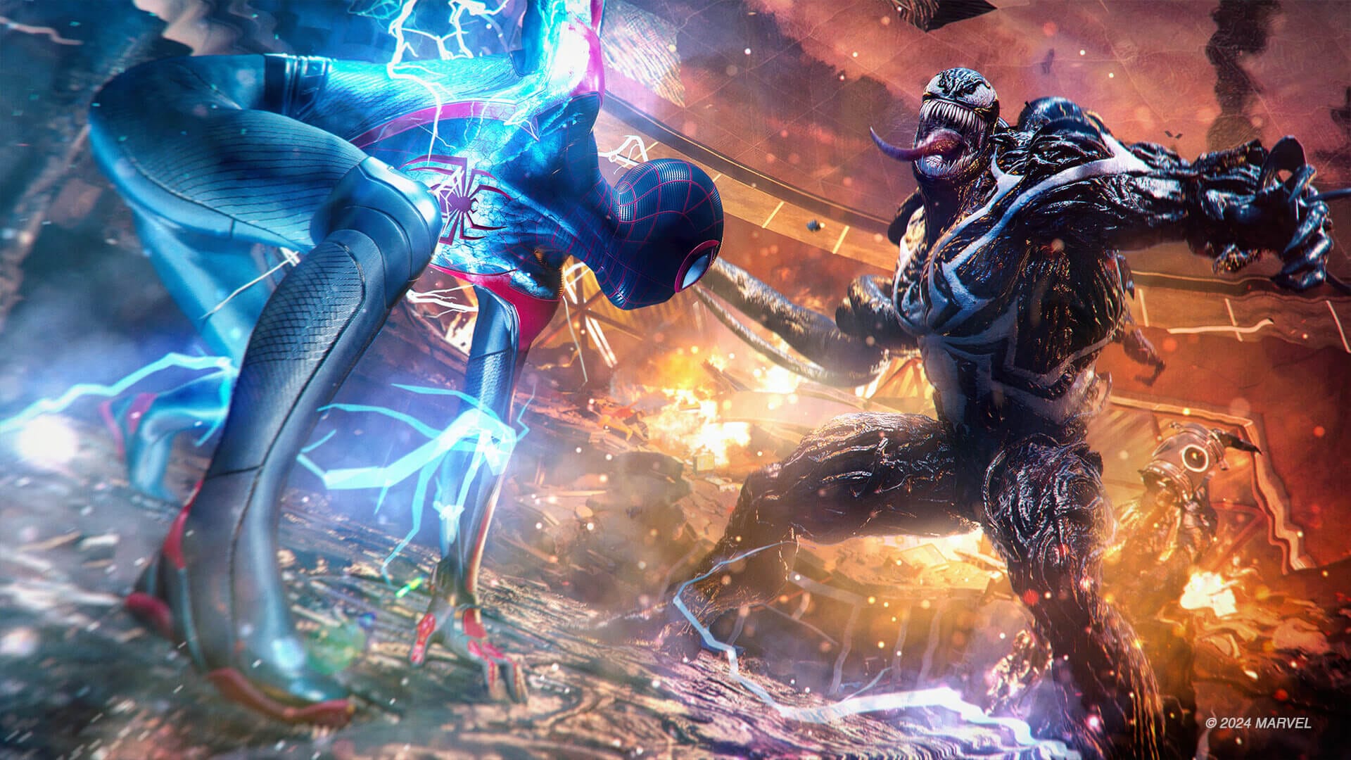 we can see spider man fighting venom in a fiery battle, with some lightning in the mix