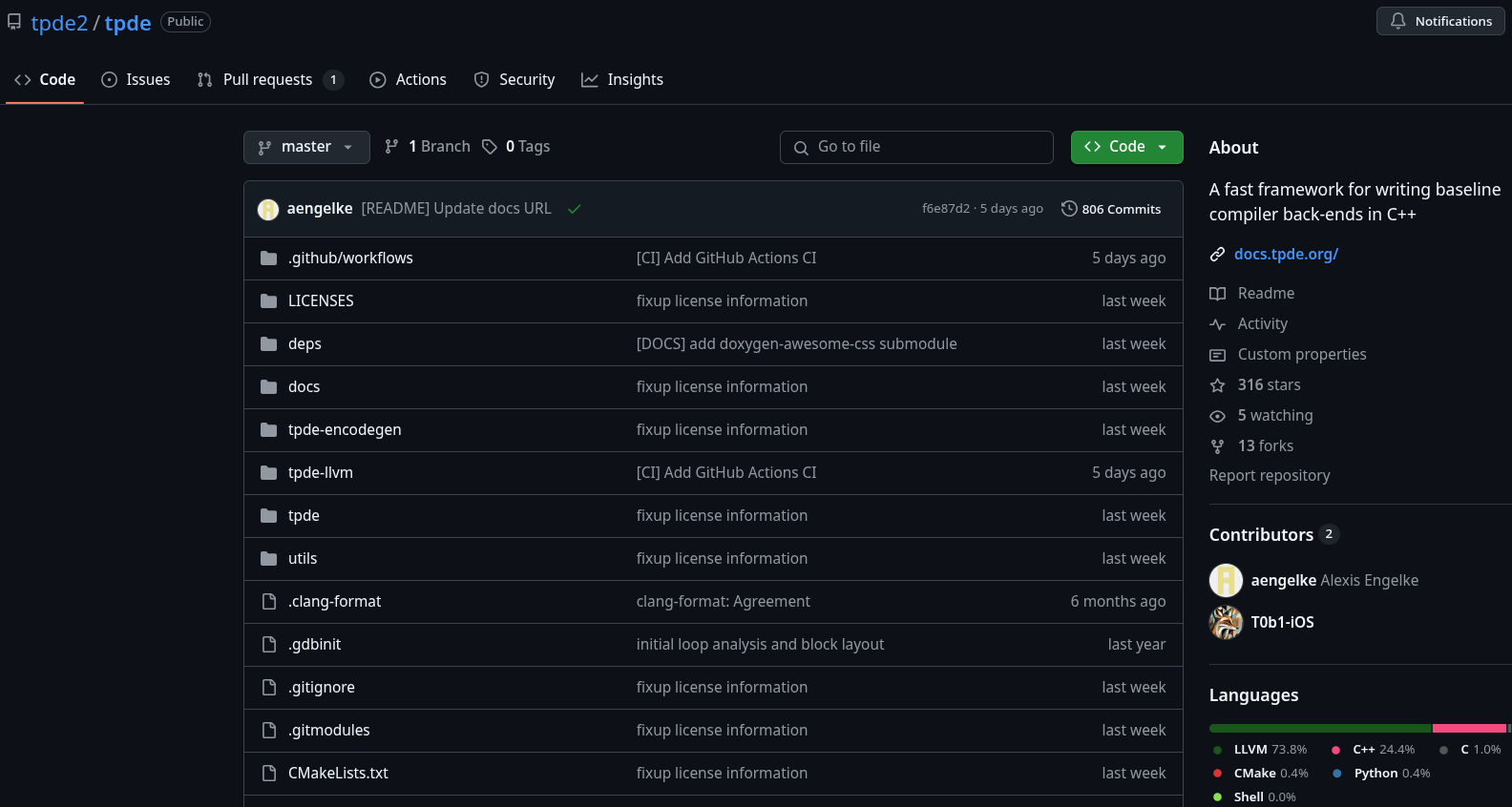 screenshot of the tpde github repository