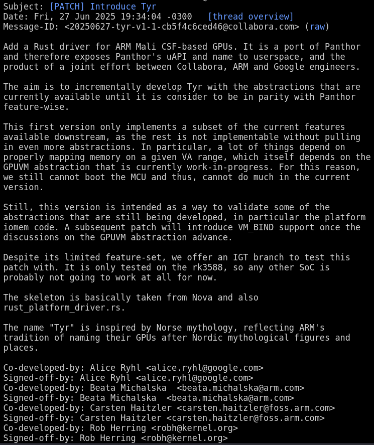 this is a long screenshot of the patch message by daniel almeida that has the following subject: introduce tyr