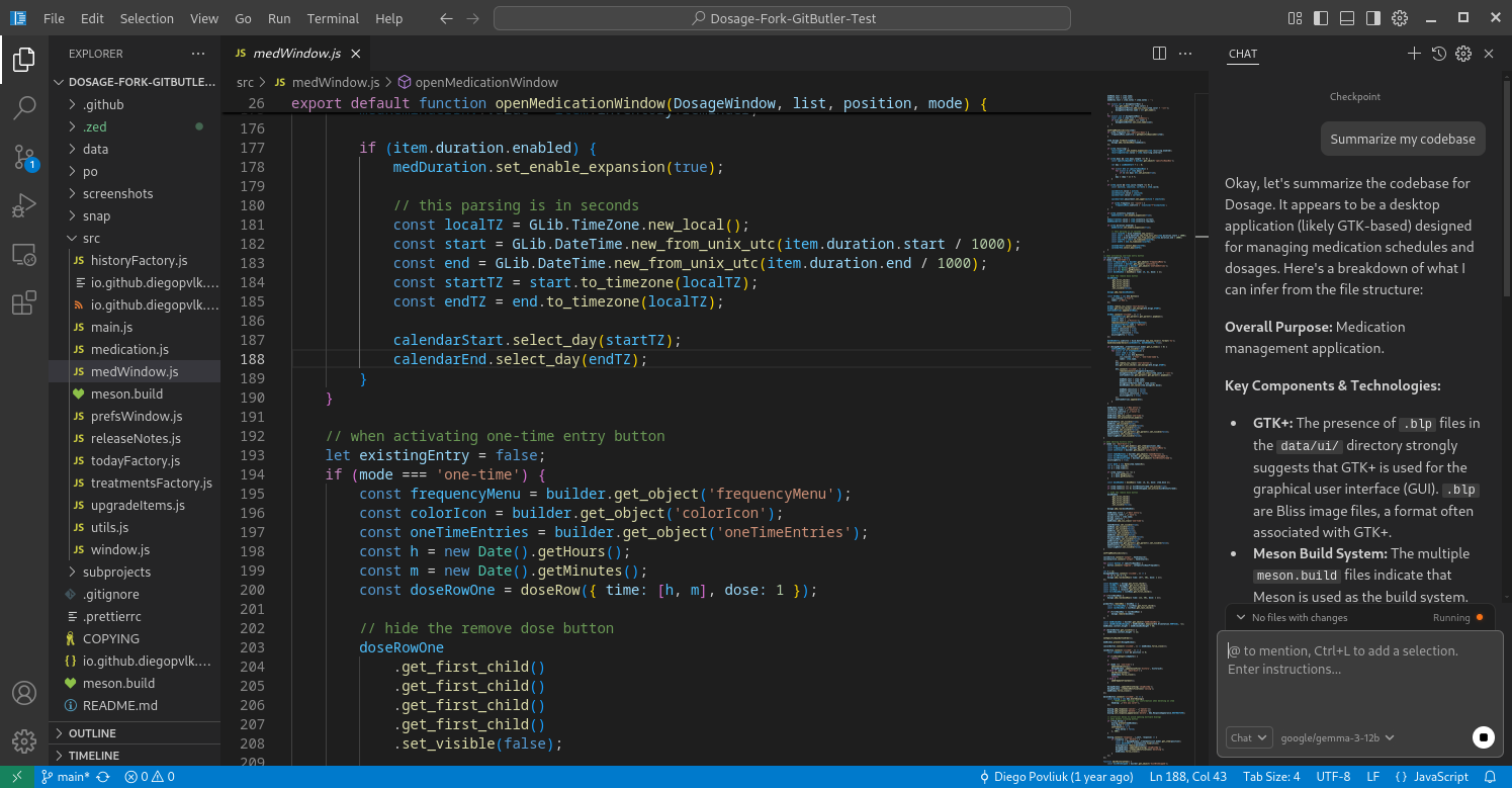 void editor summarizing a javascript codebase for the dosage linux app using the gemma 3 12b model