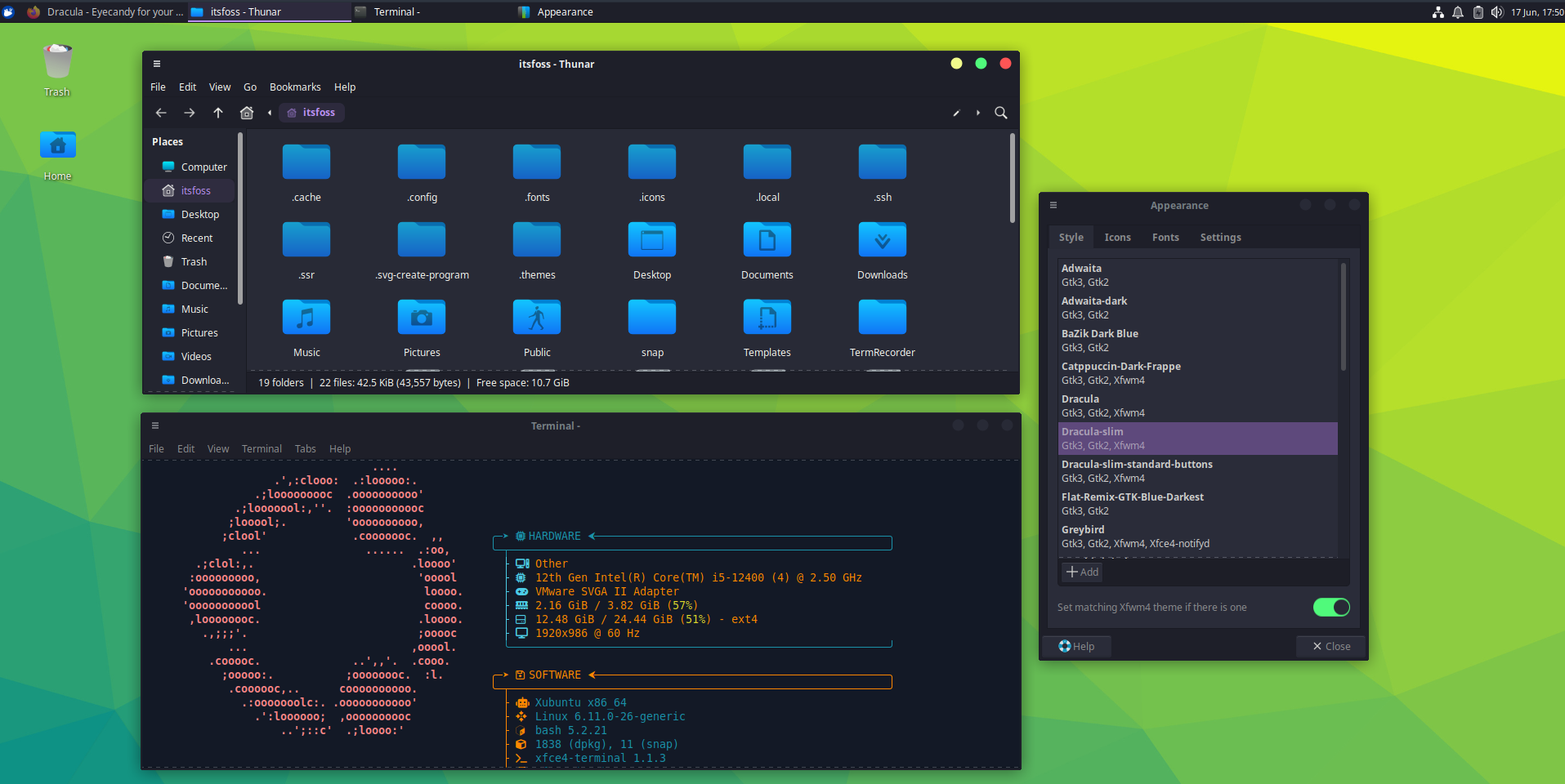 Dracula Slim theme is applied to Xubuntu with Xfce desktop environment.