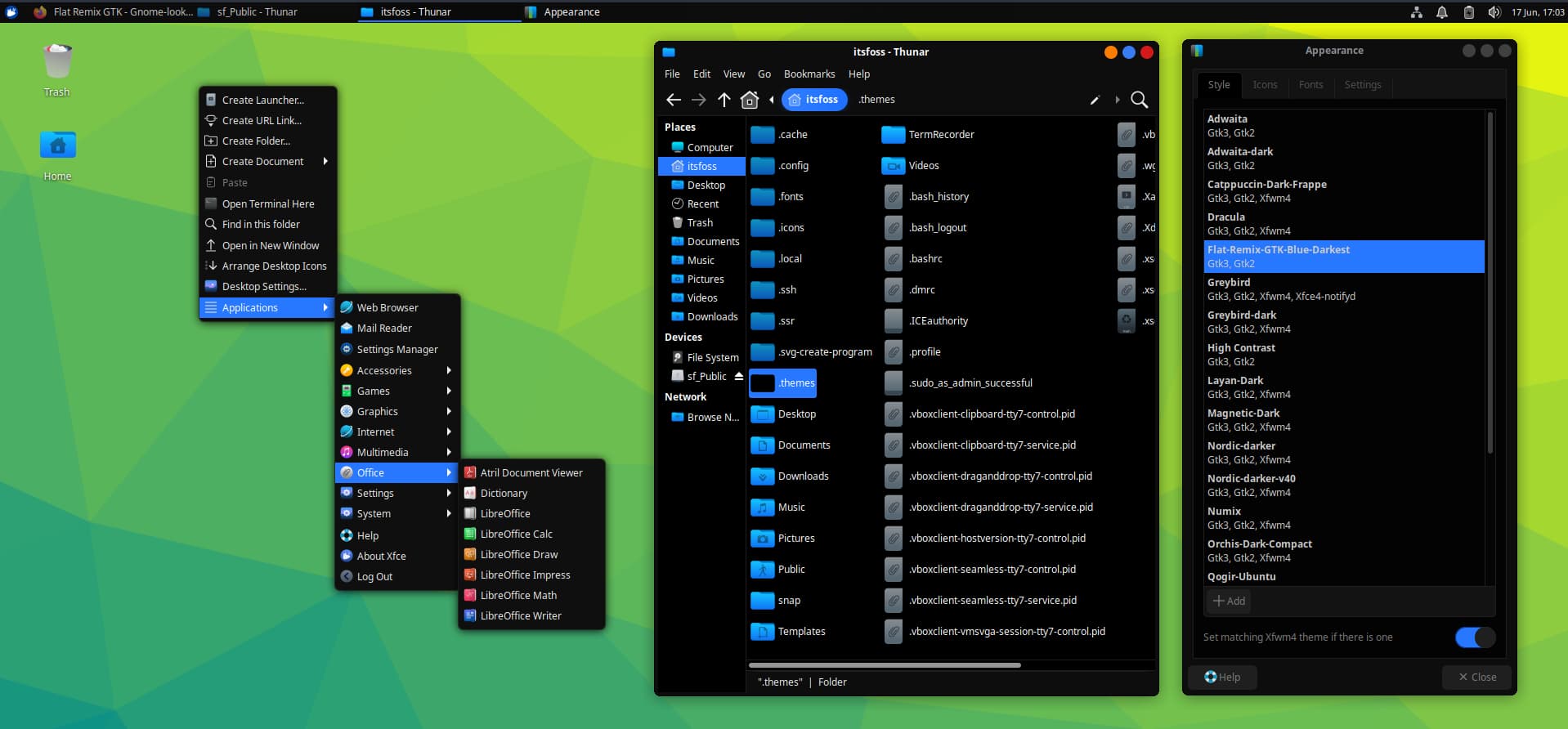 Flat Remix theme is applied to the Xfce desktop. (Click to enlarge the image)