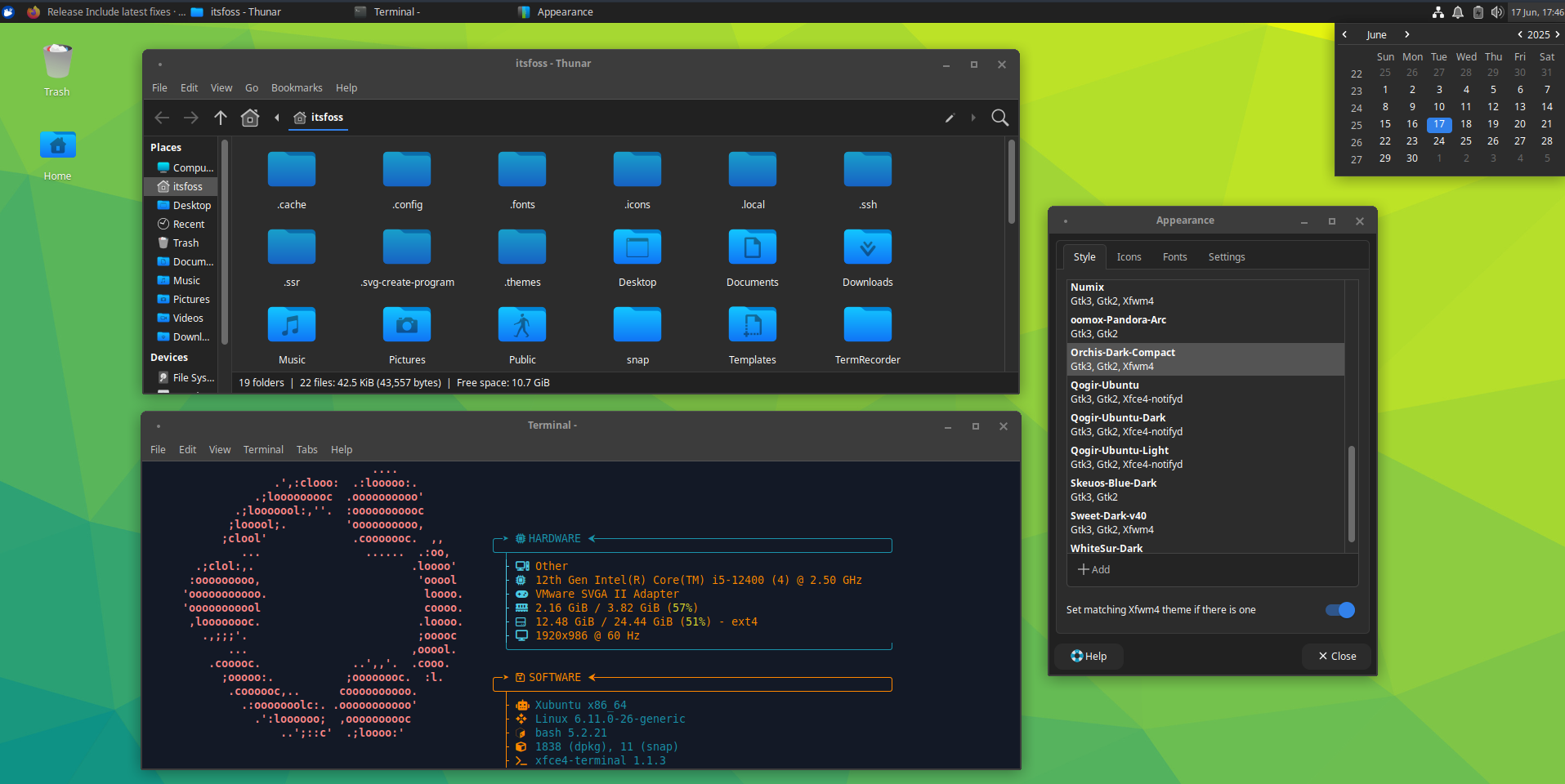 Orchis theme is applied to the Xfce desktop environment.