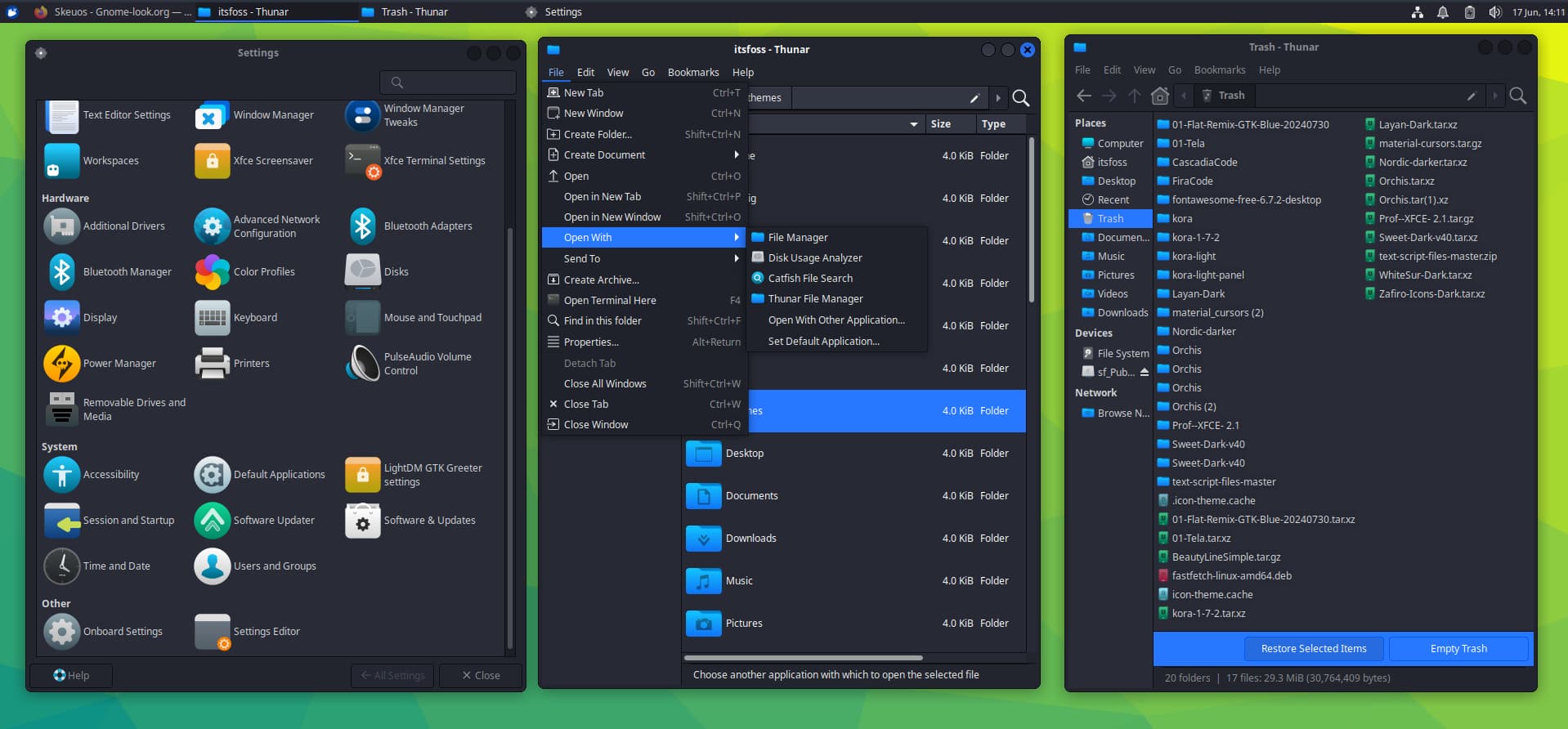 Skeuos theme is applied to Xubuntu system using Xfce desktop environment.