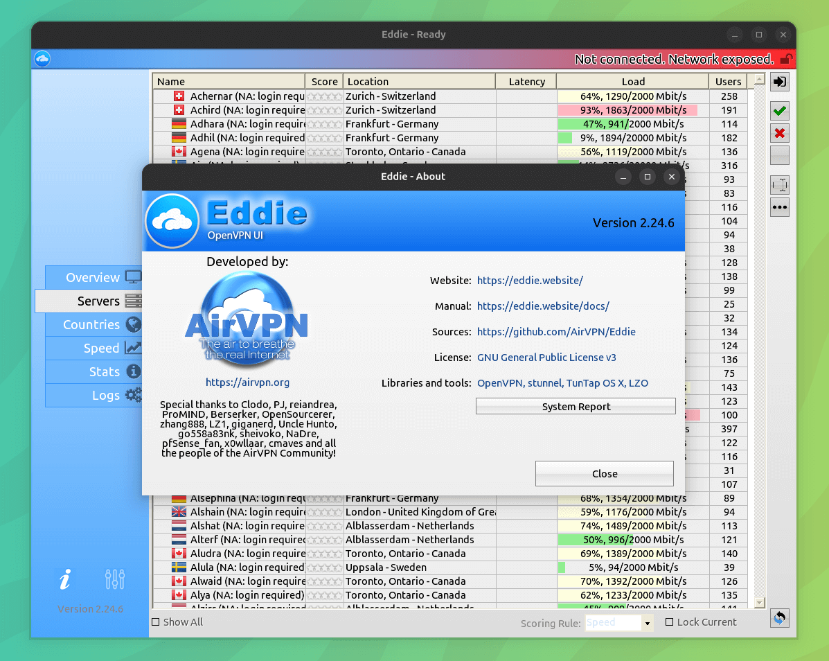 the eddie openvpn ui for airvpn is shown in this picture, version 2.24.6 is running, and in the background, there are many vpn servers with their name, location, latency, load, and user details visible
