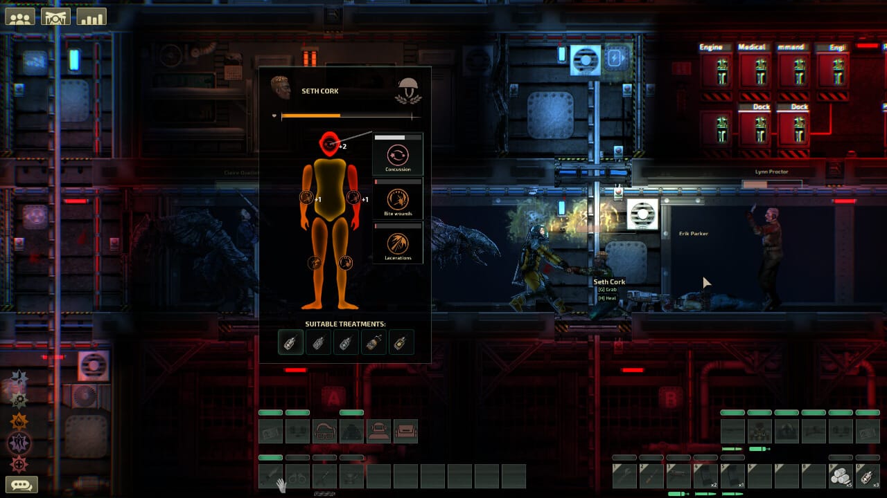 a character status dialog for someone called seth cork is being shown in the middle part, they have some major damage across their body, in the background, there are other characters going about their business in the submarine