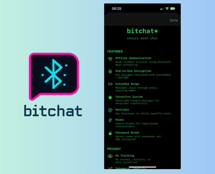 bitchat logo on left, bitchat running on ios screenshot on right, the background is a mixed blue light gradient