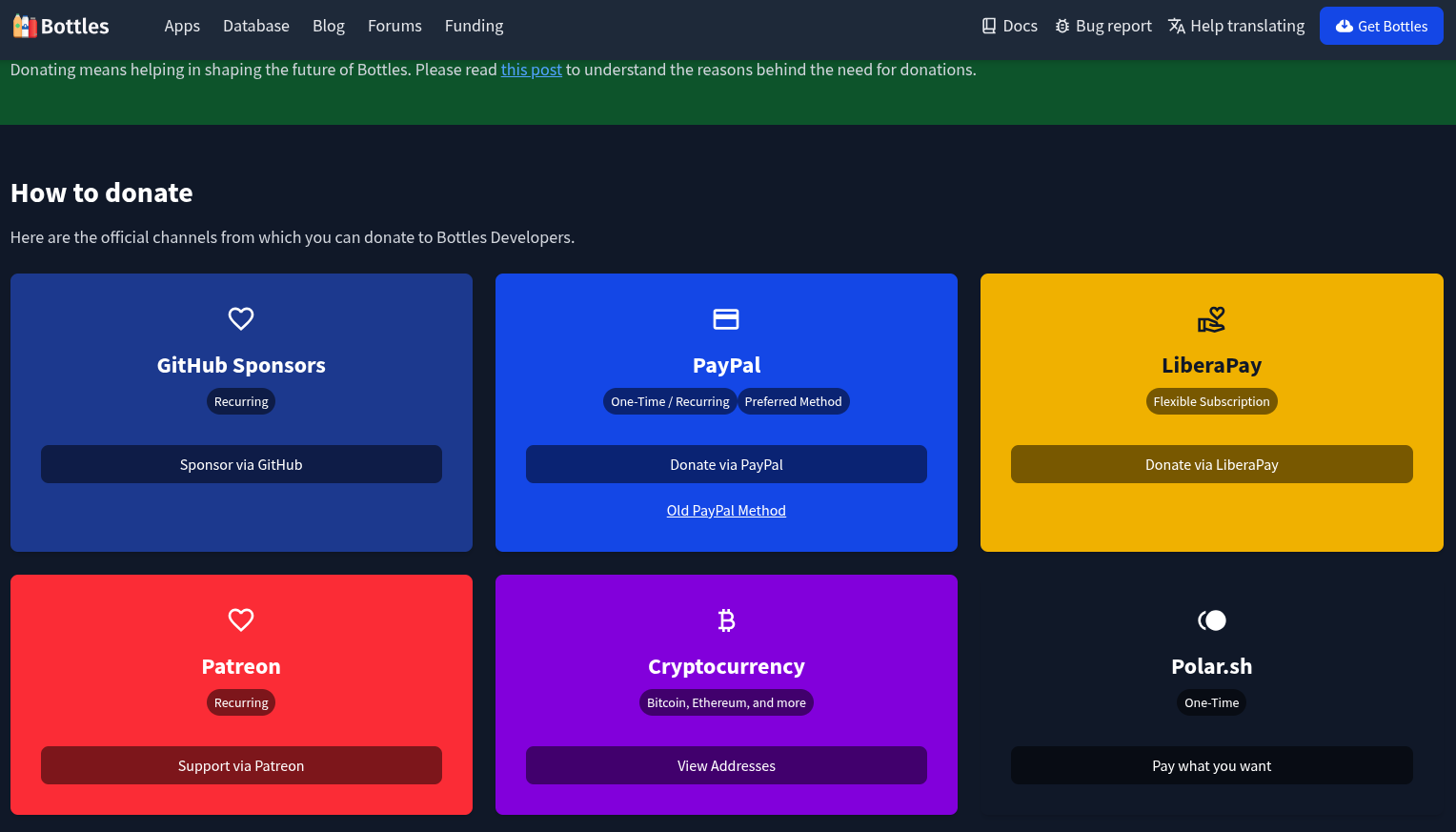 the funding webpage for bottles, the how to donate section is shown, with options like github sponsors, paypal, librerapay, patreon, cryptocurrency, and polar.sh