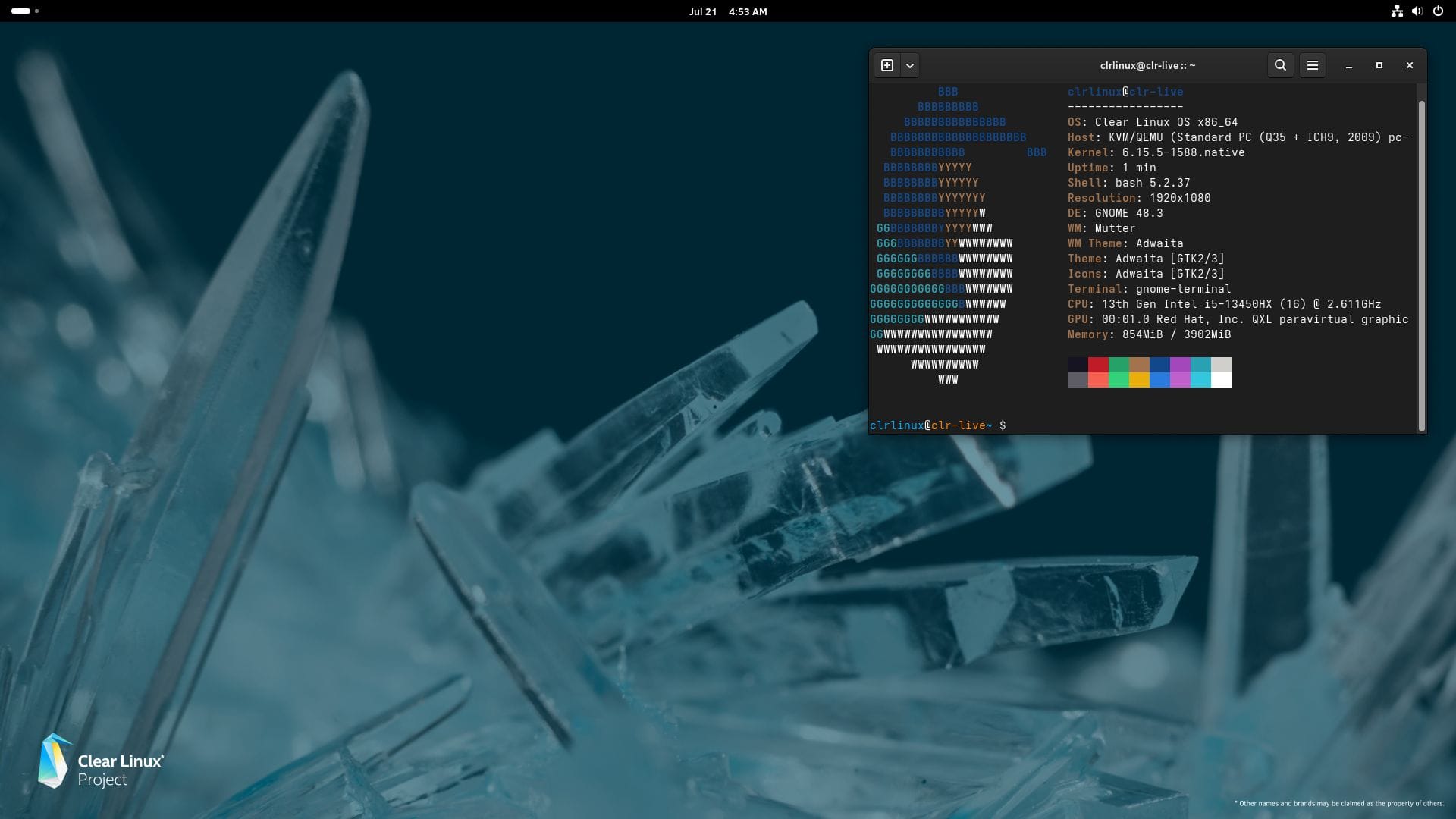 neofetch output of clear linux os on a terminal, with the rest of the desktop interface behind it