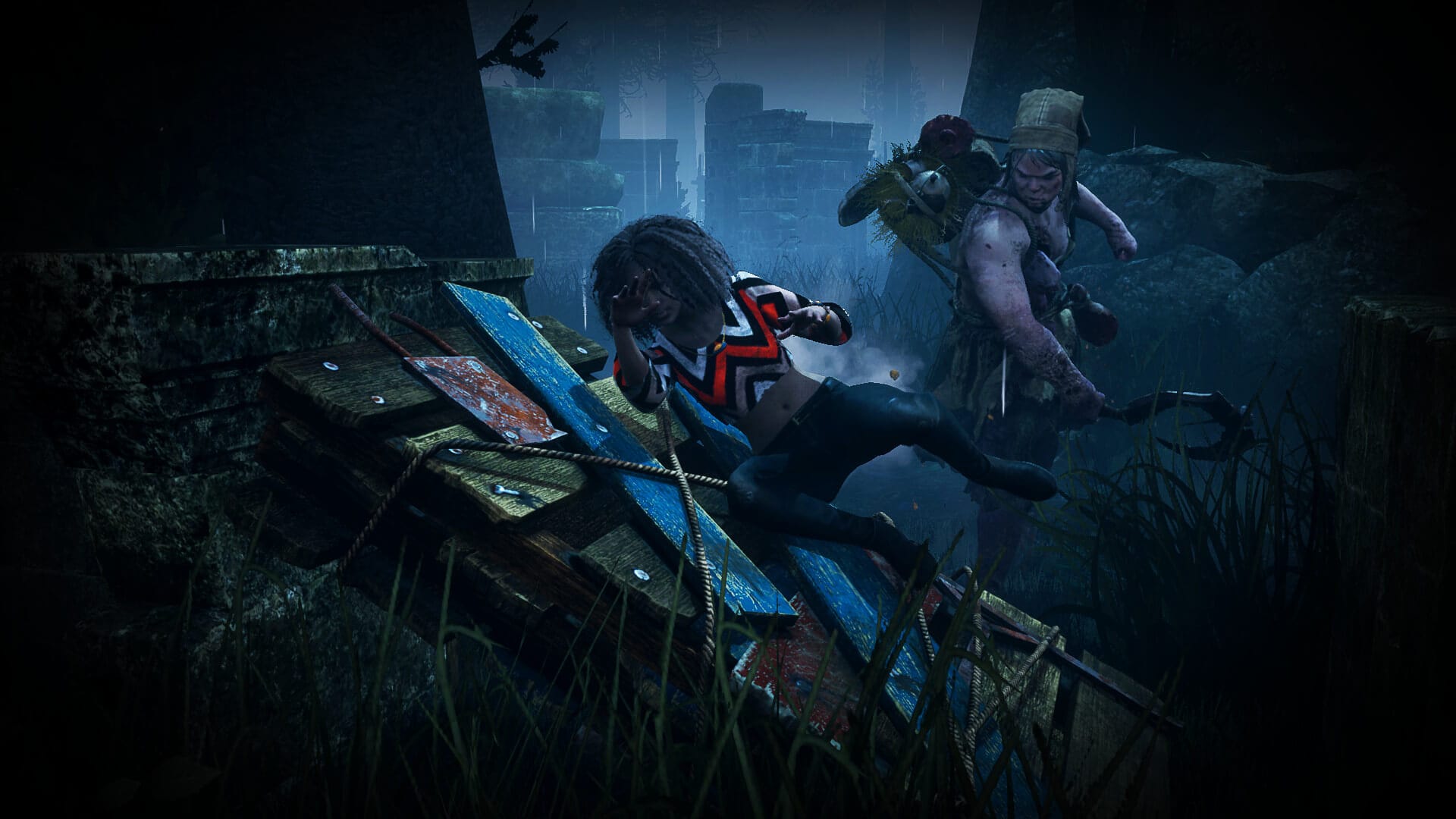 a player seen falling on an wooden obstacle, as a creepy-looking thing tries to attack the player again