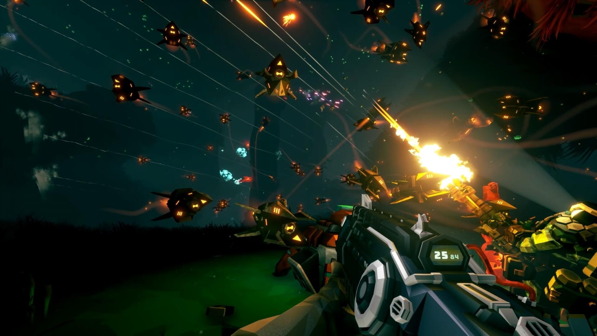 two players are fighting off a herd of robotic flying enemies