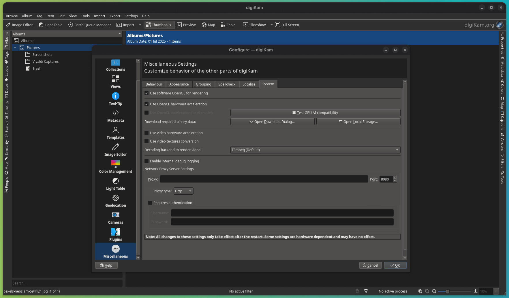 the miscellaneous settings page is open on digikam 8.7 with the test gpu ai compatibility option being shown in the system sub page