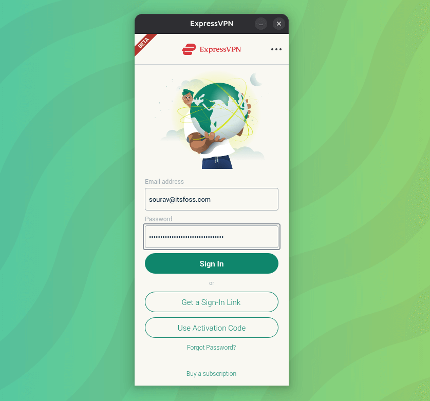 this illustration shows a very narrow expressvpn gui app that is in beta, the page has some dummy login details filled, and there are many buttons to interact with the app