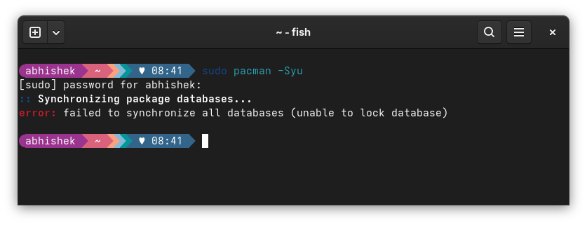 Terminal displaying failed to synchronize all databases (unable to lock database) error with Arch Linux