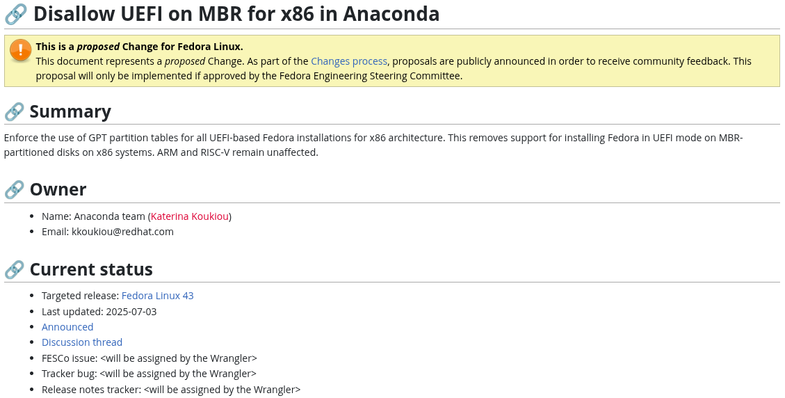 a fedora change proposal titled, disallow uefi on mbr for x86 in anaconda