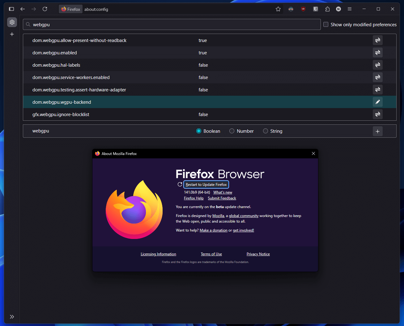 firefox 141.0b9 running on a windows machine, it's about dialog is open below, and a the about:config page is open above, with webgpu as the search term