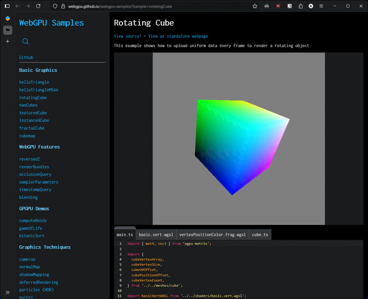 a rotating 3d cube is running on firefox, this takes advantage of webgpu, there is a list of demos on the left, and some code below