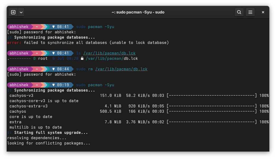 Fixing failed to synchronize all databases (unable to lock database) error with Arch Linux