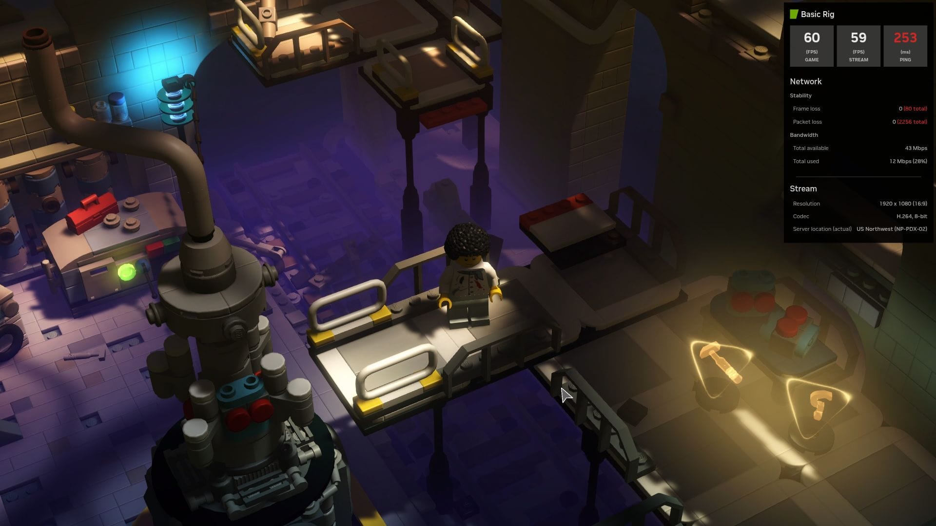 a lego character is seen standing on a bridge that leads to a contraption