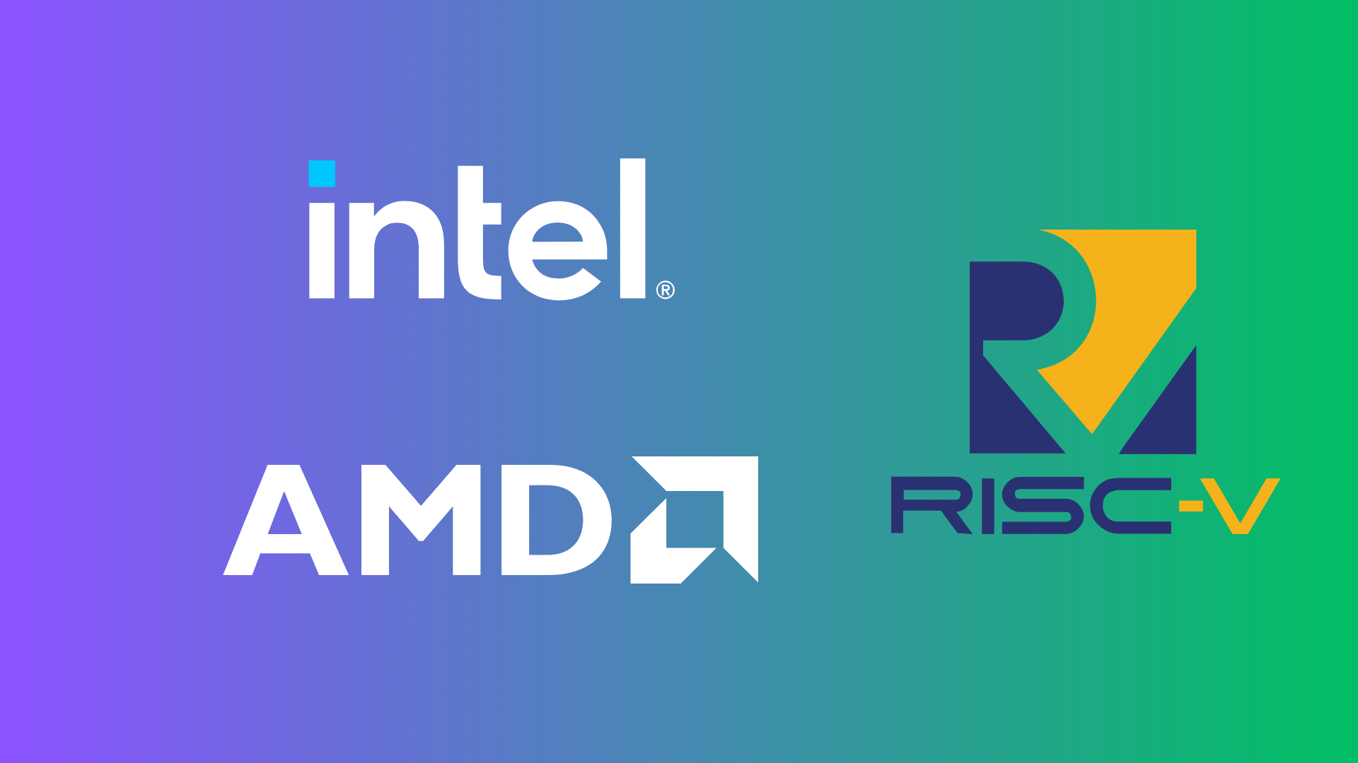 a multicolored banner that shows the logos for intel, amd, and risc-v international