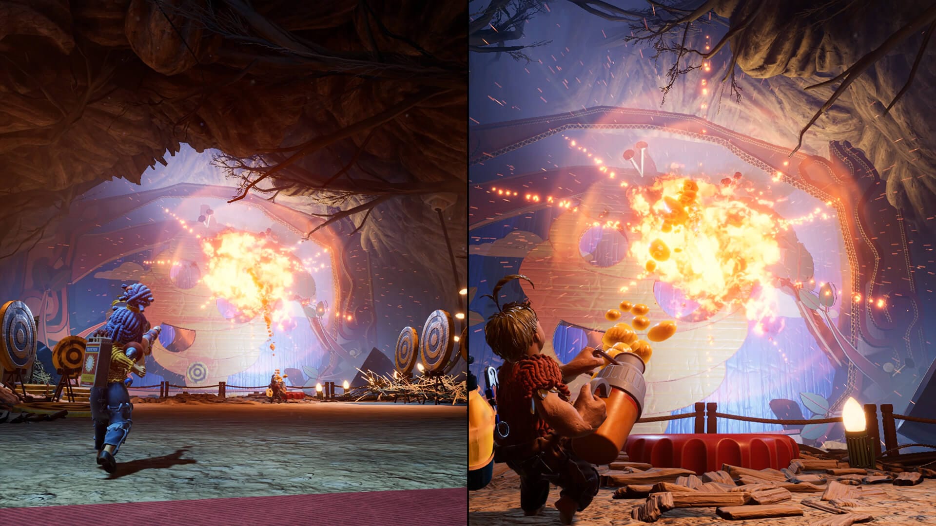 a split view that shows two players attacking a giant enemy inside a cave-like structure